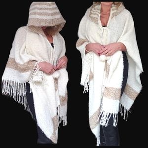 Pretty & Cozy Long Cream Tan Fringe Faux Fur Ball Tie Hoodie Cape Poncho